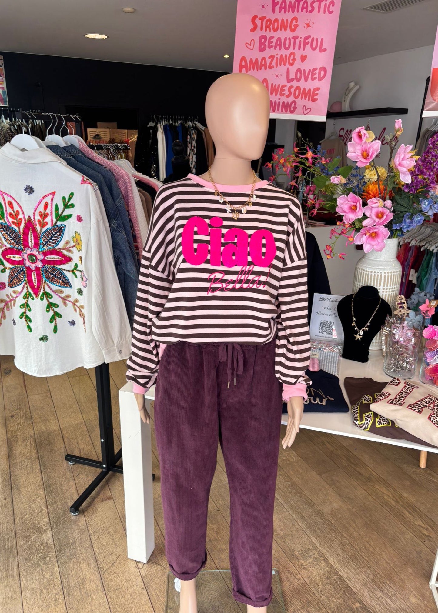 Sweater gestreept "Ciao Bella"