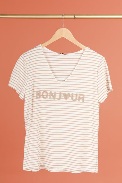 T-shirt met opschrift "Bonjour" (in 7 kleuren)