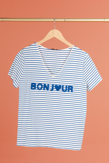 T-shirt met opschrift "Bonjour" (in 7 kleuren)