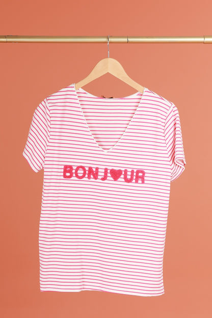 T-shirt met opschrift "Bonjour" (in 7 kleuren)