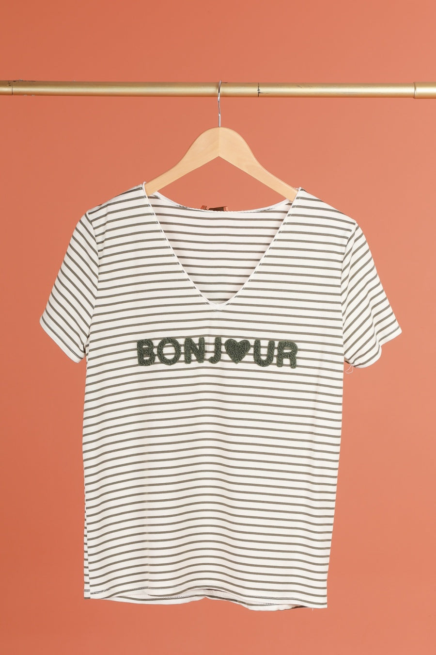 T-shirt met opschrift "Bonjour" (in 7 kleuren)