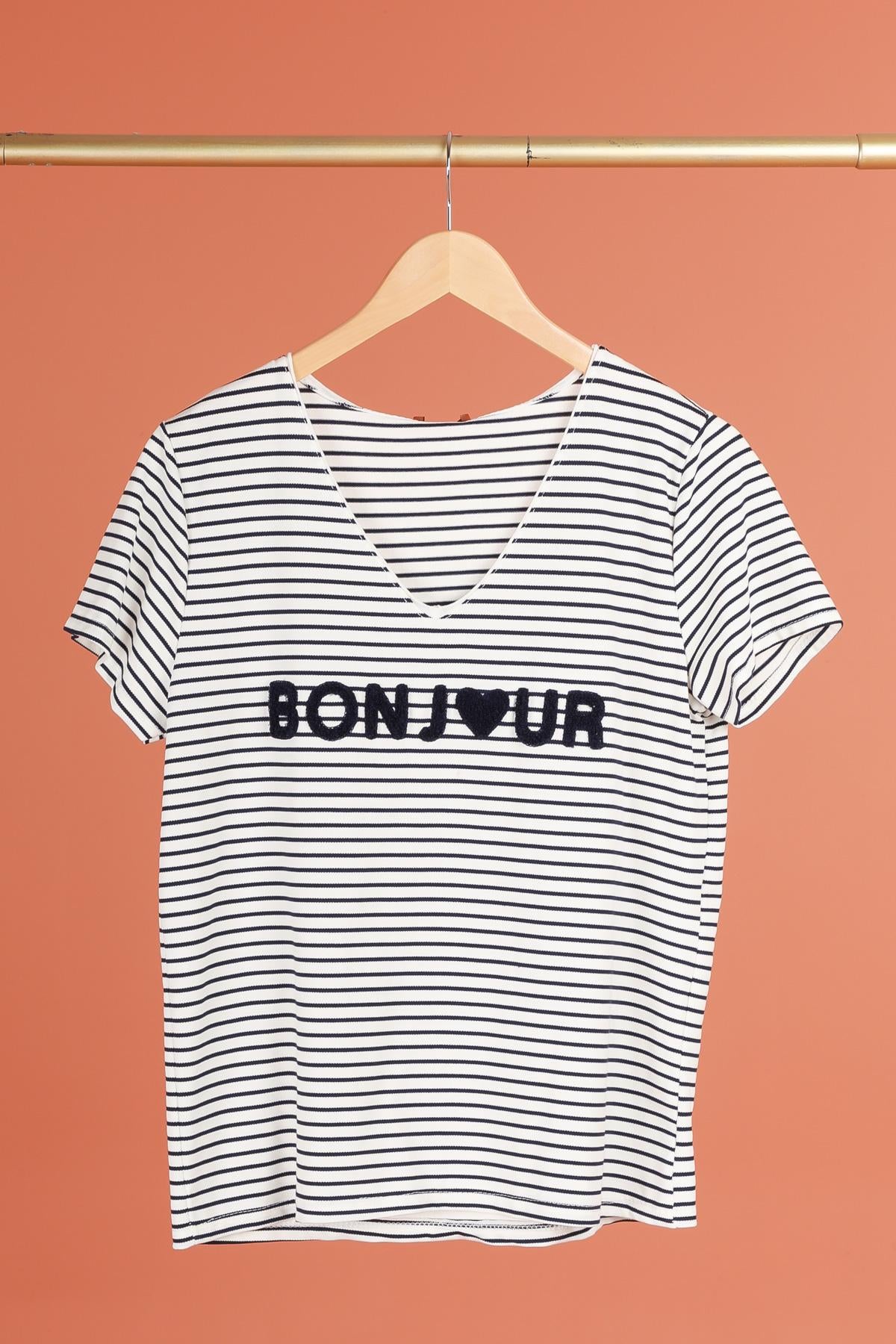 T-shirt met opschrift "Bonjour" (in 7 kleuren)