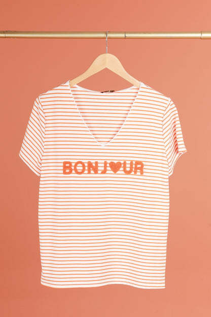 T-shirt met opschrift "Bonjour" (in 7 kleuren)