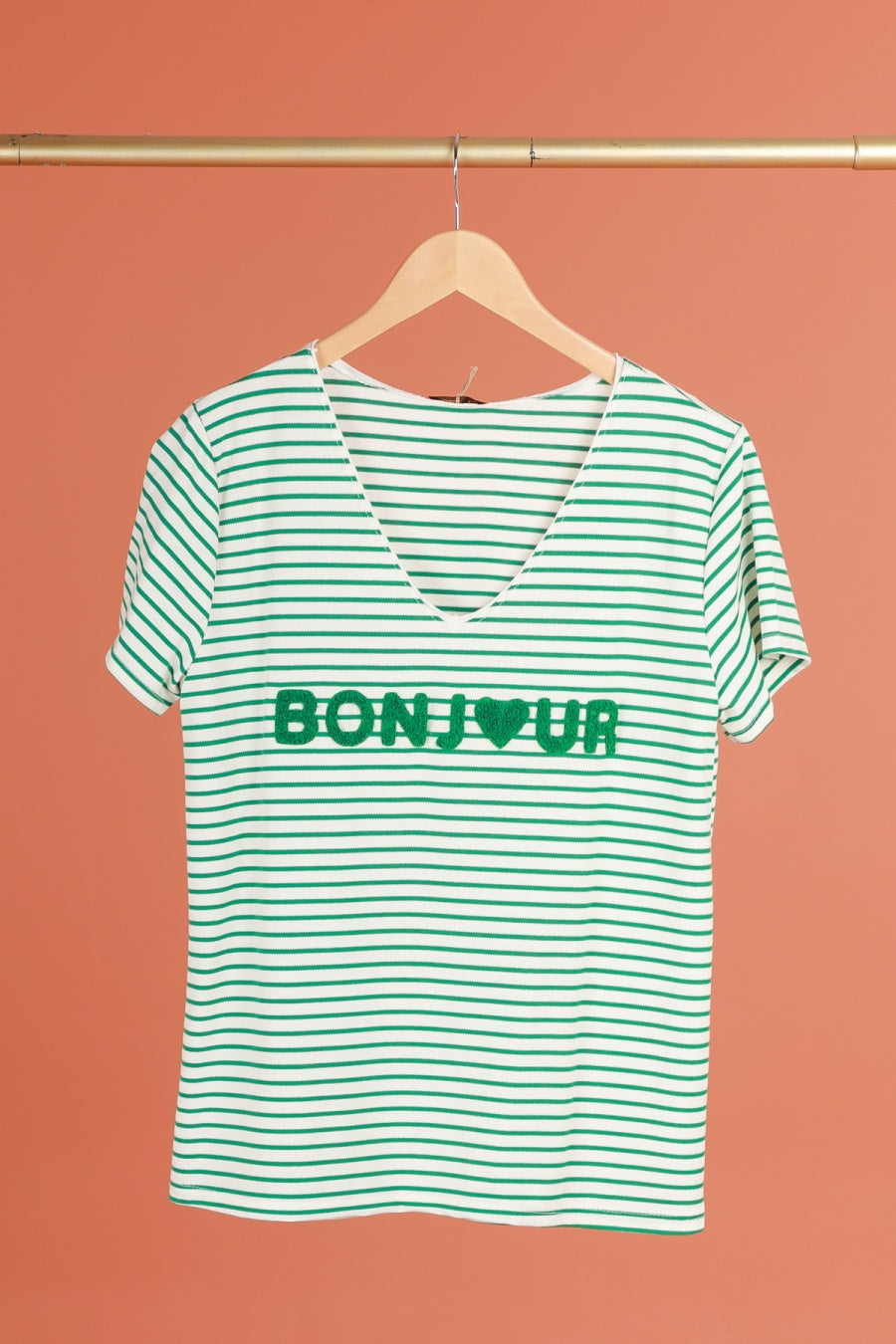 T-shirt met opschrift "Bonjour" (in 7 kleuren)