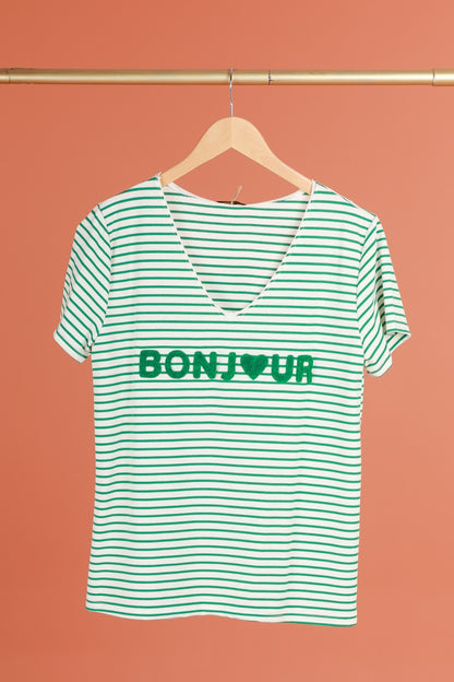 T-shirt met opschrift "Bonjour" (in 7 kleuren)