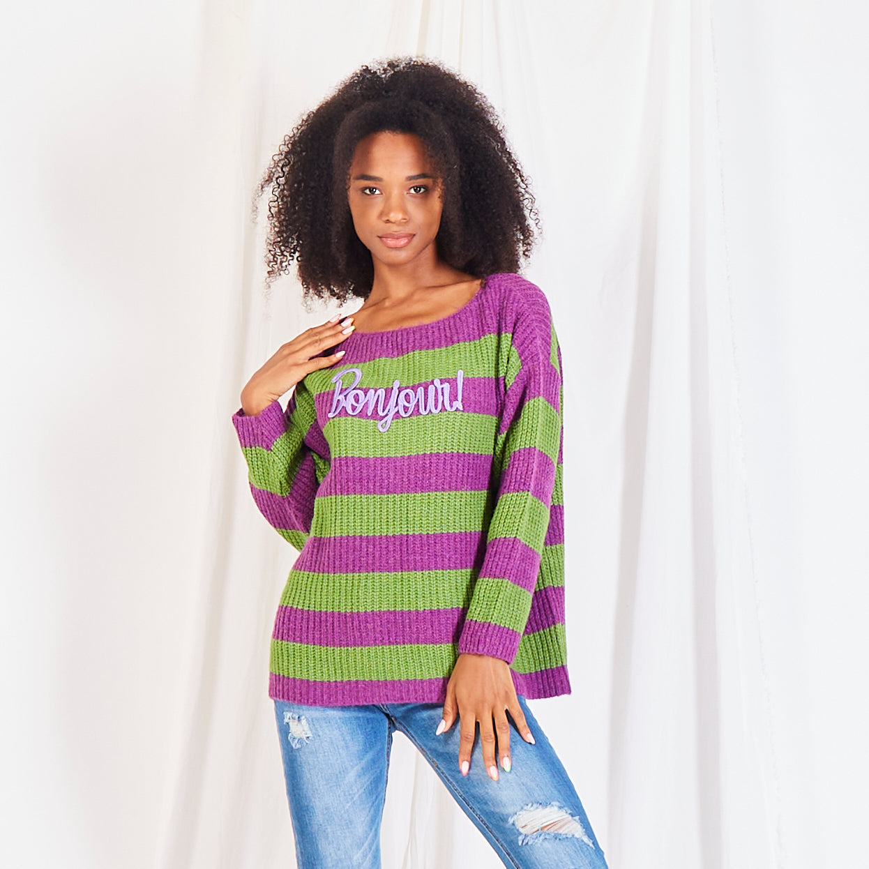 Oversized kleurrijk, gestreepte pull "Bonjour!"