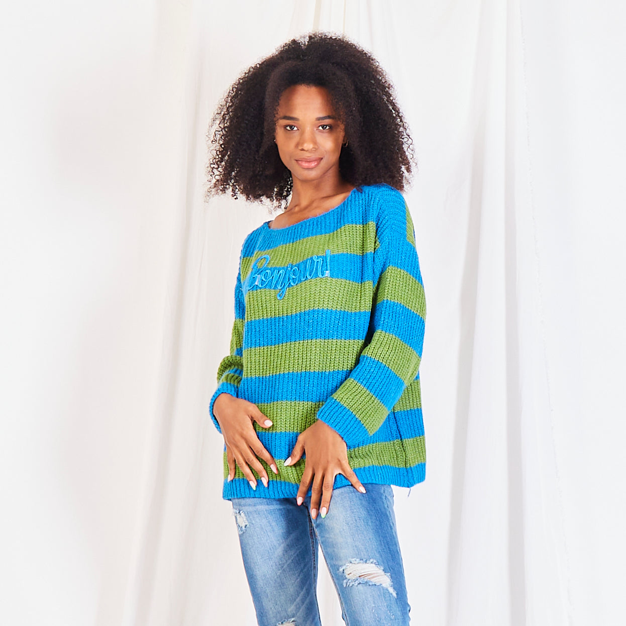 Oversized kleurrijk, gestreepte pull "Bonjour!"