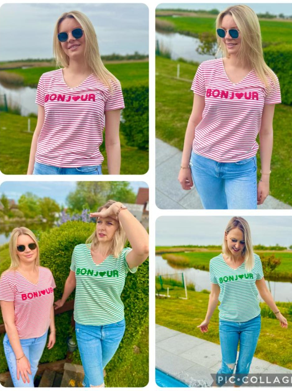 T-shirt met opschrift "Bonjour" (in 7 kleuren)