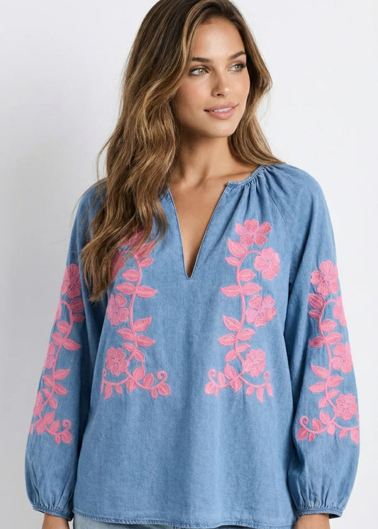 Jeans hemd met roze broderie