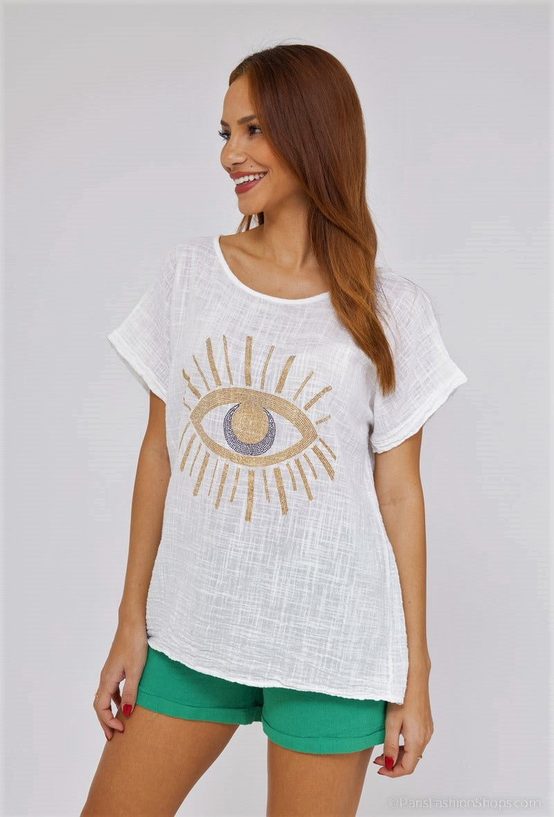 T-shirt met korte mouwen en oog in Strass-steentjes (in 3 kleuren)