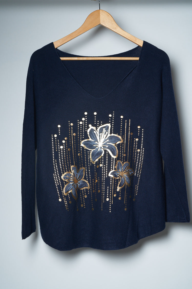 Zachte fijne sweater 'gold flower'