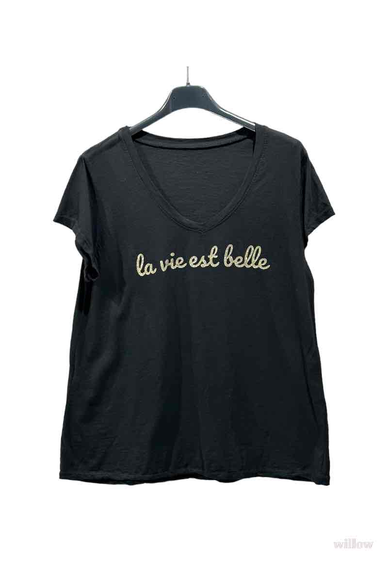 T-shirt met glinsterende opschrift "La vie est belle" (in 7 kleuren)