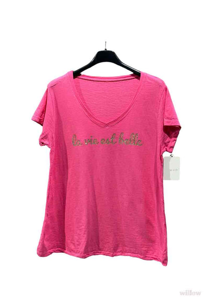 T-shirt met glinsterende opschrift "La vie est belle" (in 7 kleuren)