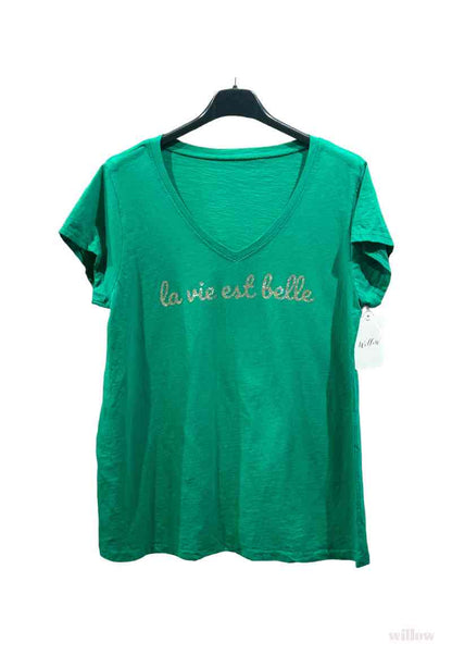 T-shirt met glinsterende opschrift "La vie est belle" (in 7 kleuren)