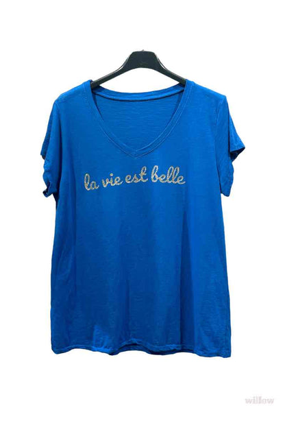 T-shirt met glinsterende opschrift "La vie est belle" (in 7 kleuren)