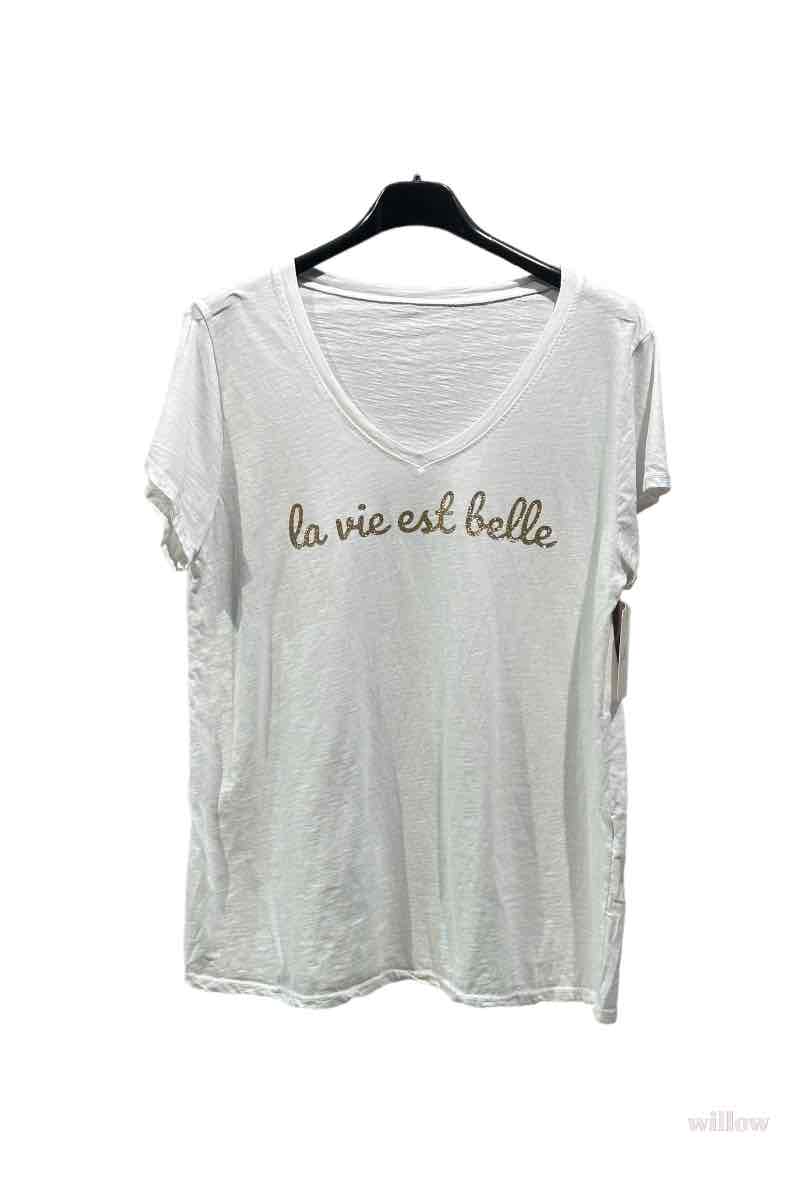 T-shirt met glinsterende opschrift "La vie est belle" (in 7 kleuren)