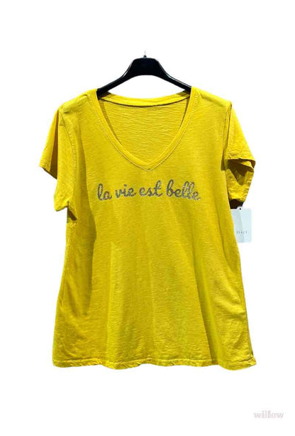 T-shirt met glinsterende opschrift "La vie est belle" (in 7 kleuren)